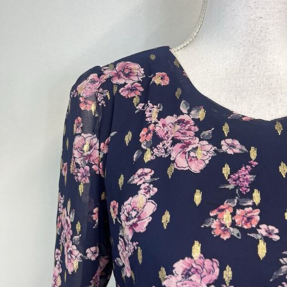 City Studio Dress size Small Navy Blue Pink Gold Floral Sheer Ruffles Wedding - Picture 4 of 11